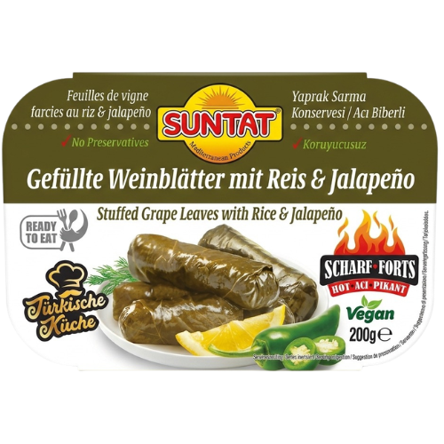 Suntat Stuffed Vine Leaves with Jalapeno TRAY 10x200g